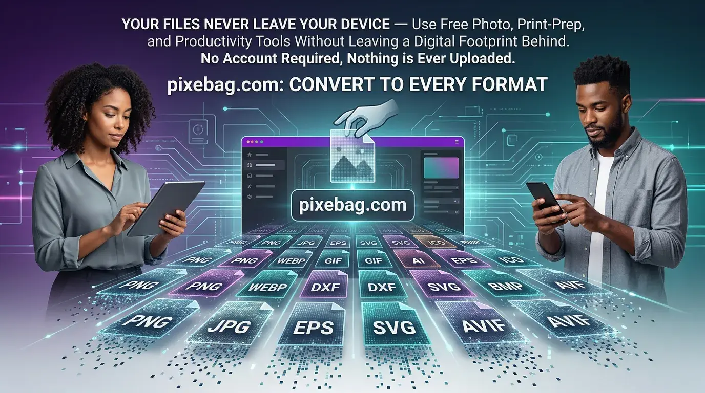 Pixebag Image Format Converter — two people converting images between file formats in the browser on a tablet and a phone