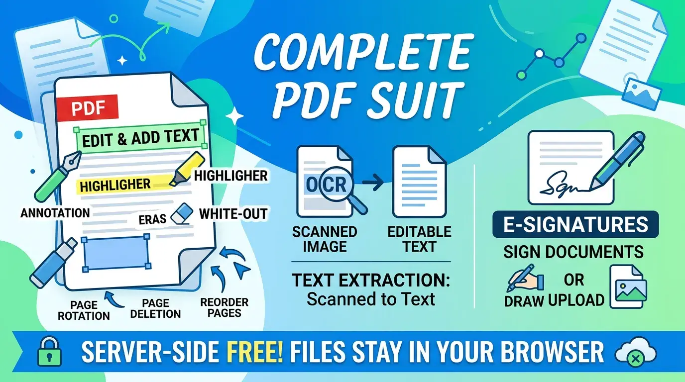 Pixebag PDF Suite — edit and annotate PDFs, extract text from scanned pages with OCR, and sign documents in the browser