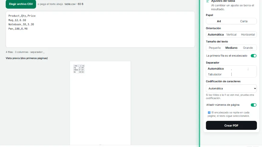 Configura la tabla