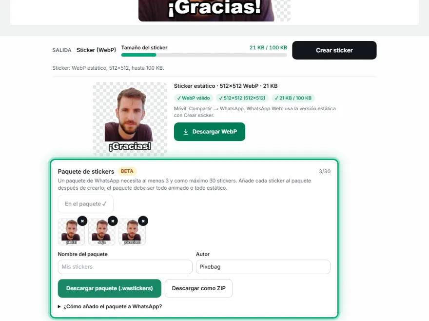 Añade stickers al paquete