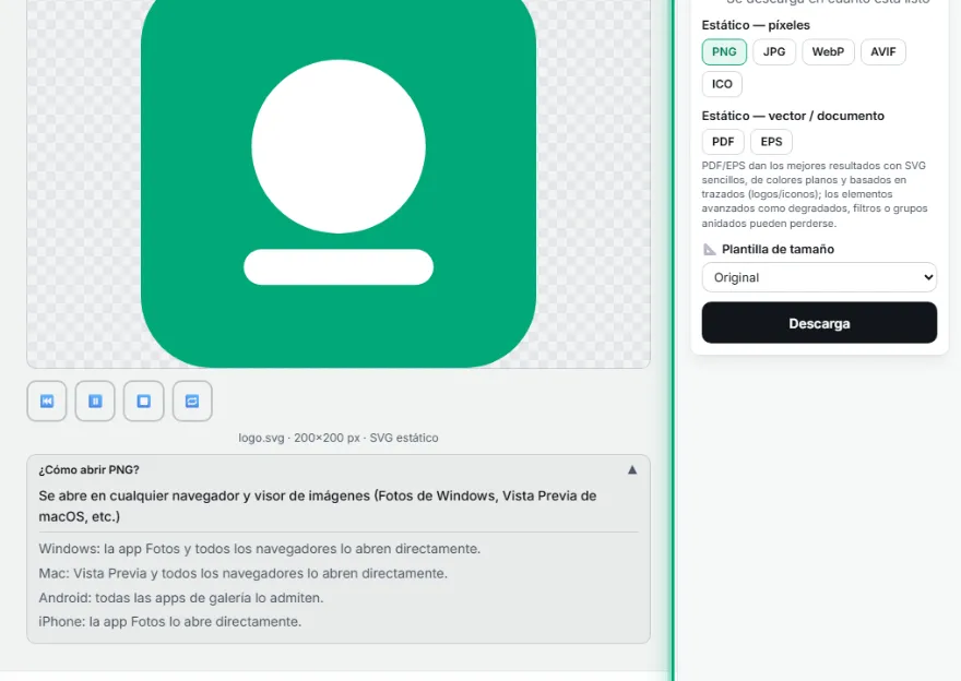 Elige el formato de destino