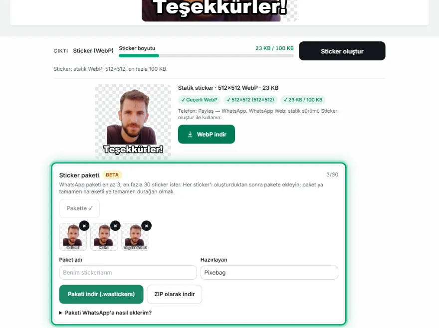 Sticker'ları pakete ekleyin